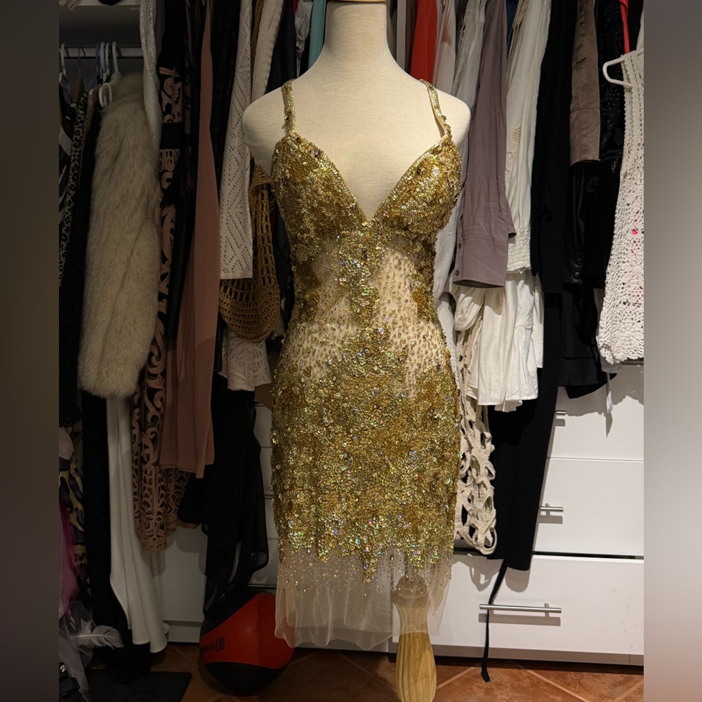 Jovani Gold and Mesh Sequin Backless Dress
